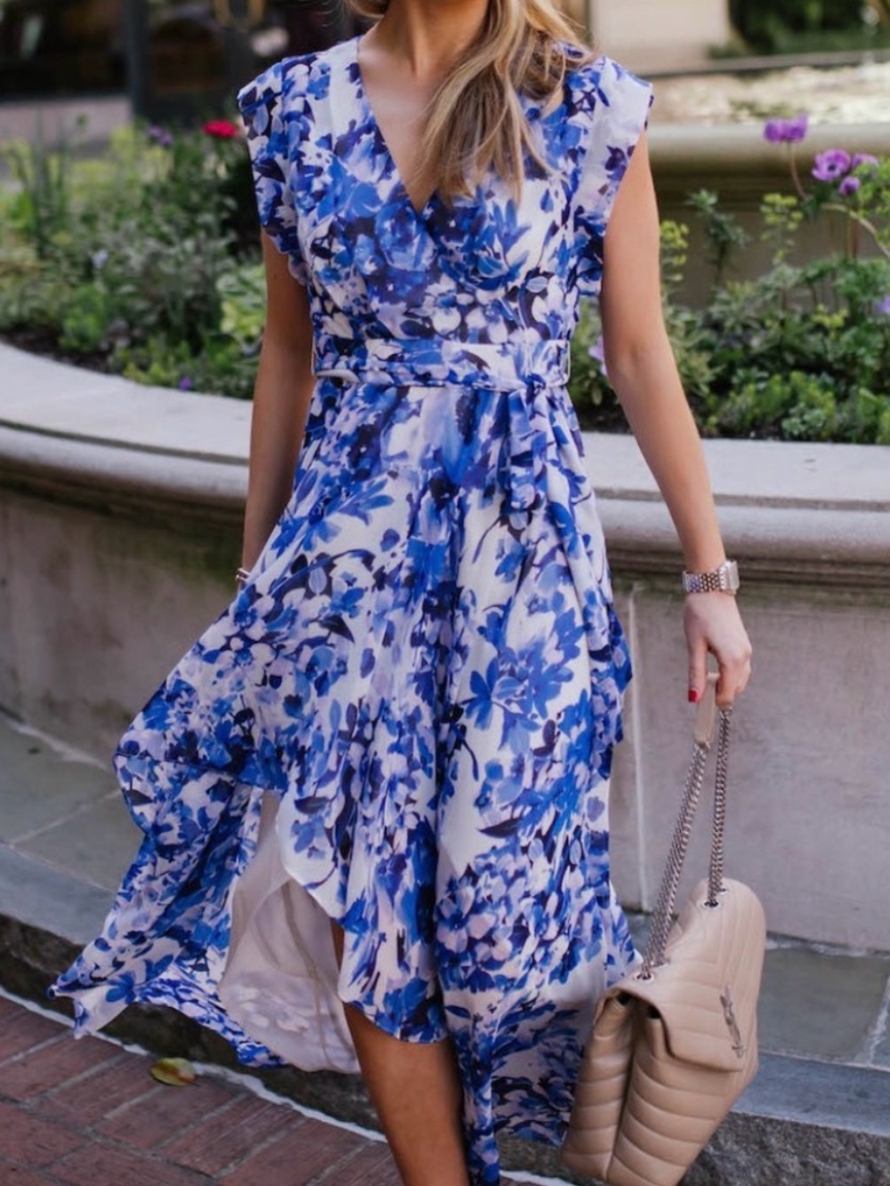 Eliza J blue and white floral Obi Floral Cap Sleeve High-Low Dress size 4